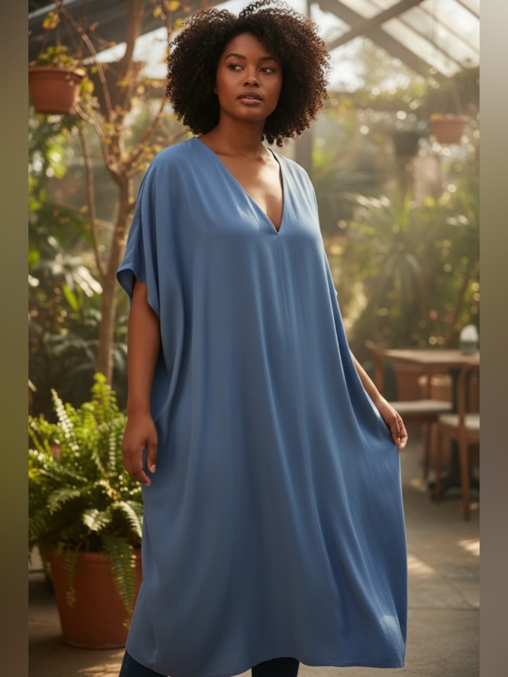 Van Heusen & Co Blue Oversized Caftan Dress V Neck Dolman Sleeve Boho